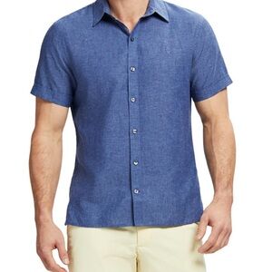 Luxury Linen Short Sleeve Button Front Men's Shirt XL Medieval Blue